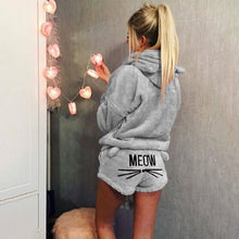 Load image into Gallery viewer, Women Coral Velvet Pajamas Set Autumn Winter Warm Pajamas Two Piece Set Sleepwear Cute Cat Meow Pattern Hoodies Shorts Set 5XL
