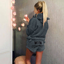 Load image into Gallery viewer, Women Coral Velvet Pajamas Set Autumn Winter Warm Pajamas Two Piece Set Sleepwear Cute Cat Meow Pattern Hoodies Shorts Set 5XL

