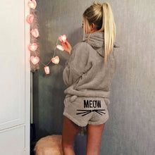 Load image into Gallery viewer, Women Coral Velvet Pajamas Set Autumn Winter Warm Pajamas Two Piece Set Sleepwear Cute Cat Meow Pattern Hoodies Shorts Set 5XL
