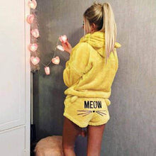 Load image into Gallery viewer, Women Coral Velvet Pajamas Set Autumn Winter Warm Pajamas Two Piece Set Sleepwear Cute Cat Meow Pattern Hoodies Shorts Set 5XL
