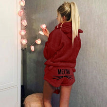 Load image into Gallery viewer, Women Coral Velvet Pajamas Set Autumn Winter Warm Pajamas Two Piece Set Sleepwear Cute Cat Meow Pattern Hoodies Shorts Set 5XL
