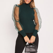 Load image into Gallery viewer, Women Spring Mesh Puff Long Sleeve Ribbed Knitted Shirt Loose Casual Polka Dots Blouse Tops Elegant Turtleneck Party Clubwear
