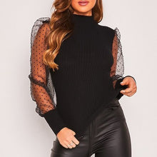Load image into Gallery viewer, Women Spring Mesh Puff Long Sleeve Ribbed Knitted Shirt Loose Casual Polka Dots Blouse Tops Elegant Turtleneck Party Clubwear
