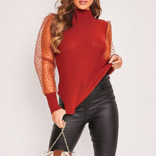 Load image into Gallery viewer, Women Spring Mesh Puff Long Sleeve Ribbed Knitted Shirt Loose Casual Polka Dots Blouse Tops Elegant Turtleneck Party Clubwear
