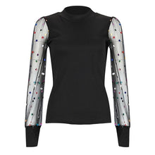 Load image into Gallery viewer, Women Spring Mesh Puff Long Sleeve Ribbed Knitted Shirt Loose Casual Polka Dots Blouse Tops Elegant Turtleneck Party Clubwear

