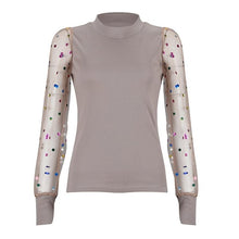 Load image into Gallery viewer, Women Spring Mesh Puff Long Sleeve Ribbed Knitted Shirt Loose Casual Polka Dots Blouse Tops Elegant Turtleneck Party Clubwear
