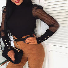Load image into Gallery viewer, Women Spring Mesh Puff Long Sleeve Ribbed Knitted Shirt Loose Casual Polka Dots Blouse Tops Elegant Turtleneck Party Clubwear
