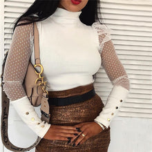 Load image into Gallery viewer, Women Spring Mesh Puff Long Sleeve Ribbed Knitted Shirt Loose Casual Polka Dots Blouse Tops Elegant Turtleneck Party Clubwear
