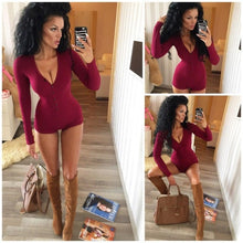 Load image into Gallery viewer, Sexy Women Bodysuit Long Sleeve Deep V Neck Bodycon Stretch Leotard Crop Tops Button Short Romper Pajamas Overalls for women
