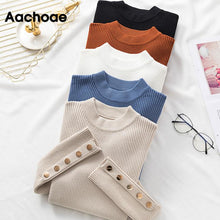 Load image into Gallery viewer, Autumn Women Long Sleeve Pure Slim Sweater Winter Knitted Turtleneck Casual Cashmere Pullover Metal Buttons Split Cuff Basic Top
