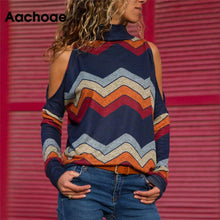 Load image into Gallery viewer, Women Blouses Sexy Cold Shoulder Tops Casual Turtleneck Knitted Top Jumper Pullover Print Long Sleeve Shirt Blusas Camisas Mujer
