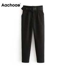Load image into Gallery viewer, Office Lady Black Suit Pants with Belt Women High Waist Solid Long Trousers Fashion Pockets Pants Trousers Pantalones
