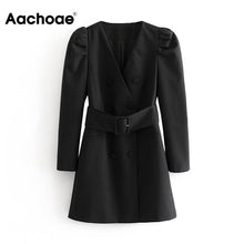 Load image into Gallery viewer, Women Fashion Puff Long Sleeve Black Mini Dress Autumn V Neck Bandage High Street Lady Dresses A Line Chic Fashion Ropa Mujer
