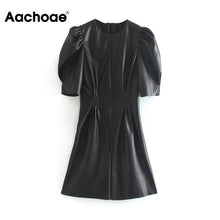 Load image into Gallery viewer, Faux Leather Dress Women Sexy Club Puff Short Sleeve Bodycon Party Dress Vintage Pleated Tunic Black Mini Dress Vestidos
