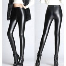Load image into Gallery viewer, BGTEEVER Spring Autumn Winter Soft PU Leather Pant Women Velvet Pants Warm Stretch Skinny Trousers Pencil Leather Leggings

