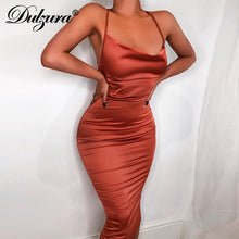 Load image into Gallery viewer, Dulzura neon satin lace up 2020 summer women bodycon long midi dress sleeveless backless elegant party outfits sexy club clothes
