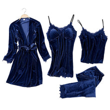 Load image into Gallery viewer, JULY'S SONG 2020 Gold Velvet 4 Pieces Warm Winter Pajamas Sets Women Sexy Lace Robe Pajamas Sleepwear Kit Sleeveless  Nightwear
