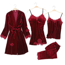 Load image into Gallery viewer, JULY'S SONG 2020 Gold Velvet 4 Pieces Warm Winter Pajamas Sets Women Sexy Lace Robe Pajamas Sleepwear Kit Sleeveless  Nightwear
