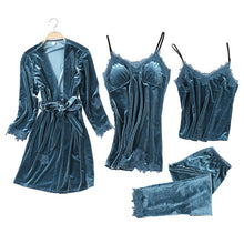 Load image into Gallery viewer, JULY'S SONG 2020 Gold Velvet 4 Pieces Warm Winter Pajamas Sets Women Sexy Lace Robe Pajamas Sleepwear Kit Sleeveless  Nightwear
