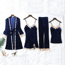 Load image into Gallery viewer, JULY'S SONG 2020 Gold Velvet 4 Pieces Warm Winter Pajamas Sets Women Sexy Lace Robe Pajamas Sleepwear Kit Sleeveless  Nightwear
