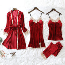 Load image into Gallery viewer, JULY'S SONG 2020 Gold Velvet 4 Pieces Warm Winter Pajamas Sets Women Sexy Lace Robe Pajamas Sleepwear Kit Sleeveless  Nightwear

