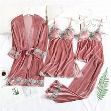 Load image into Gallery viewer, JULY'S SONG 2020 Gold Velvet 4 Pieces Warm Winter Pajamas Sets Women Sexy Lace Robe Pajamas Sleepwear Kit Sleeveless  Nightwear
