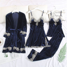 Load image into Gallery viewer, JULY'S SONG 2020 Gold Velvet 4 Pieces Warm Winter Pajamas Sets Women Sexy Lace Robe Pajamas Sleepwear Kit Sleeveless  Nightwear
