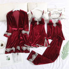 Load image into Gallery viewer, JULY'S SONG 2020 Gold Velvet 4 Pieces Warm Winter Pajamas Sets Women Sexy Lace Robe Pajamas Sleepwear Kit Sleeveless  Nightwear
