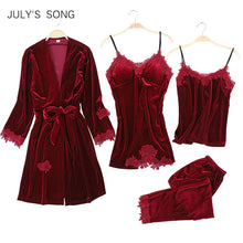 Load image into Gallery viewer, JULY'S SONG 2020 Gold Velvet 4 Pieces Warm Winter Pajamas Sets Women Sexy Lace Robe Pajamas Sleepwear Kit Sleeveless  Nightwear
