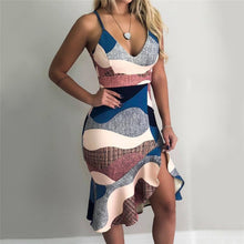 Load image into Gallery viewer, Women Streetwear Trumpet Dress Patchwork Design Ruffles Decor V-Neck Sling Print Asymmetrical Dress Elegant Lady Slim Hips Dress

