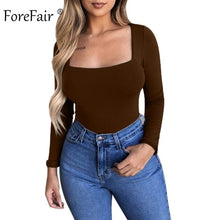 Load image into Gallery viewer, Forefair Sexy Bodycon Bodysuit Long Sleeve Square Neck Sheath Open Crotch Basic White Black Red Overalls Women Body Top
