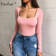 Load image into Gallery viewer, Forefair Sexy Bodycon Bodysuit Long Sleeve Square Neck Sheath Open Crotch Basic White Black Red Overalls Women Body Top
