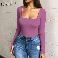 Load image into Gallery viewer, Forefair Sexy Bodycon Bodysuit Long Sleeve Square Neck Sheath Open Crotch Basic White Black Red Overalls Women Body Top
