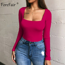 Load image into Gallery viewer, Forefair Sexy Bodycon Bodysuit Long Sleeve Square Neck Sheath Open Crotch Basic White Black Red Overalls Women Body Top
