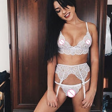 Load image into Gallery viewer, 3pcs Set Women Transparent Bra Set + Garter Black Sexy Lingerie Lace Lenceria Plus Size Underwear

