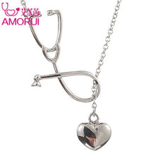 Load image into Gallery viewer, AMORUI Stethoscope Women Heart Pendant Necklace Women Trendy Medical Necklace Rose Gold Silver Color Woman Fashion Chain Jewelry
