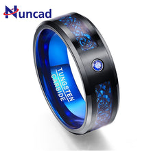 Load image into Gallery viewer, Foreign Trade Carbon Fiber Scrub Blue Zircon Men Rings 100% Tungsten Carbide Anillos para hombres Black Dragon
