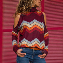 Load image into Gallery viewer, Women Blouses Sexy Cold Shoulder Tops Casual Turtleneck Knitted Top Jumper Pullover Print Long Sleeve Shirt Blusas Camisas Mujer
