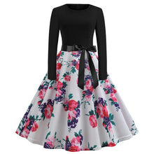 Load image into Gallery viewer, Winter Christmas Dresses Women 50S 60S Vintage Robe Swing Pinup Elegant Party Dress Long Sleeve Casual Plus Size Print Black
