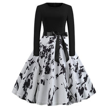 Load image into Gallery viewer, Winter Christmas Dresses Women 50S 60S Vintage Robe Swing Pinup Elegant Party Dress Long Sleeve Casual Plus Size Print Black

