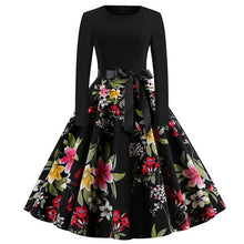 Load image into Gallery viewer, Winter Christmas Dresses Women 50S 60S Vintage Robe Swing Pinup Elegant Party Dress Long Sleeve Casual Plus Size Print Black
