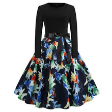 Load image into Gallery viewer, Winter Christmas Dresses Women 50S 60S Vintage Robe Swing Pinup Elegant Party Dress Long Sleeve Casual Plus Size Print Black
