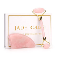 Load image into Gallery viewer, Rose Quartz Roller Slimming Face Massager Lifting Tool Natural Jade Facial Massage Roller Stone Skin Massage Beauty Care Set Box
